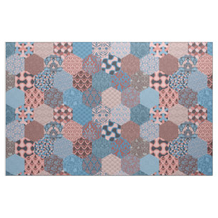 Patchwork Hexagons Cornflower and Rose Fabric