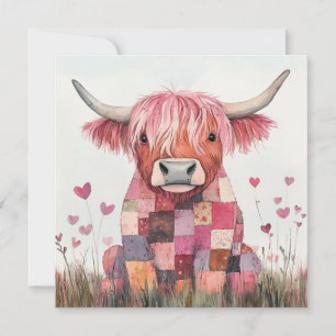 Patchwork Highland Cow Valentine Holiday Card