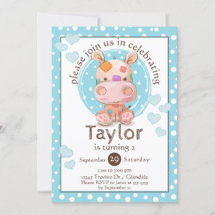 Patchwork Hippo Child's Blue Birthday Invitation