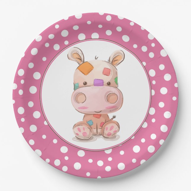 Patchwork Hippo Child's Pink Birthday Paper Plate (Front)