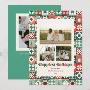 Patchwork Holidays Red and Green Three Photo Holiday Card