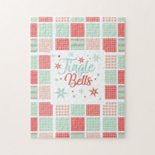 Patchwork Jingle Bells Red Green Pastel Christmas Jigsaw Puzzle