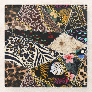 Patchwork Leopard: Ethnic Lining Design. Glass Coaster
