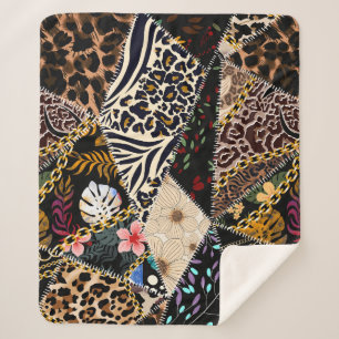 Patchwork Leopard: Ethnic Lining Design. Sherpa Blanket