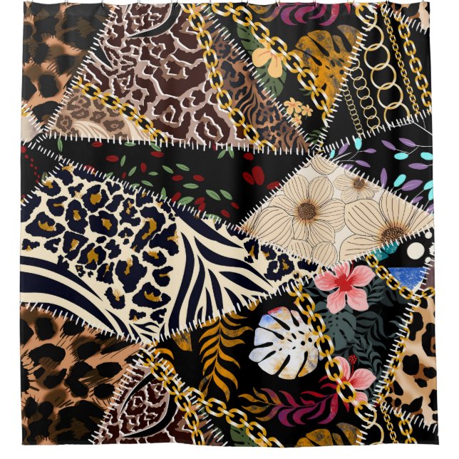 Patchwork Leopard: Ethnic Lining Design. Shower Curtain (Front)
