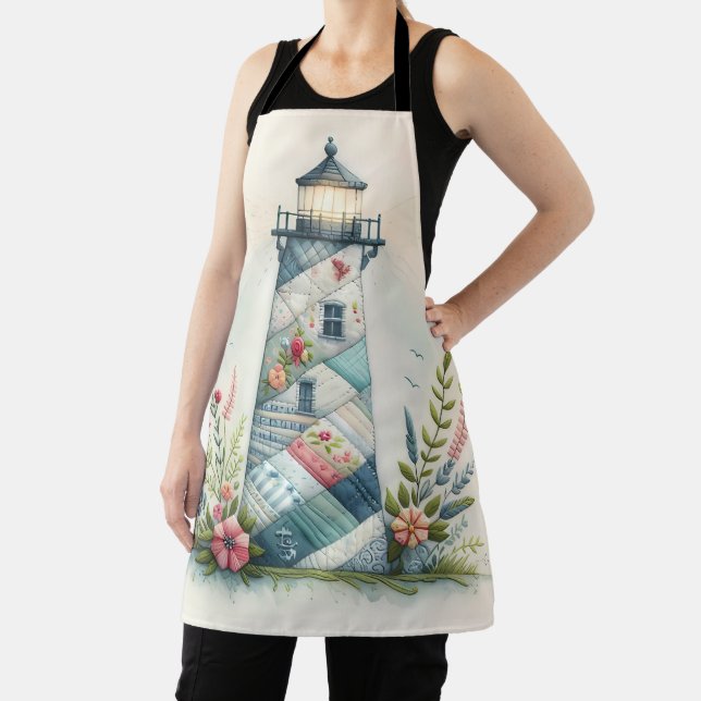 Patchwork Lighthouse Coastal Floral Scene Apron (Insitu)