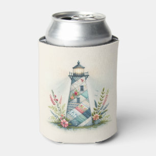 Patchwork Lighthouse Coastal Floral Scene Can Cooler