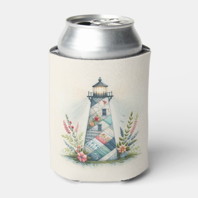 Patchwork Lighthouse Coastal Floral Scene Can Cooler (Can Front)