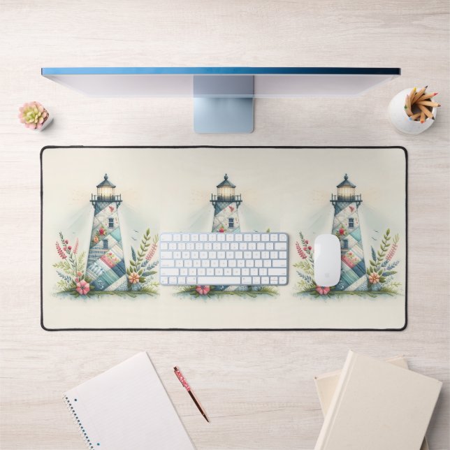 Patchwork Lighthouse Coastal Floral Scene Desk Mat (Office 1)