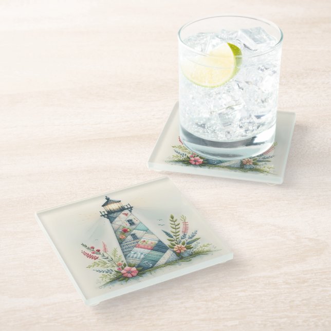 Patchwork Lighthouse Coastal Floral Scene Glass Coaster (Angled)
