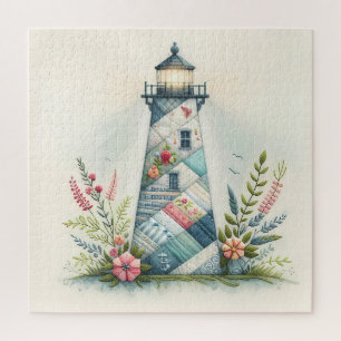 Patchwork Lighthouse Coastal Floral Scene Jigsaw Puzzle