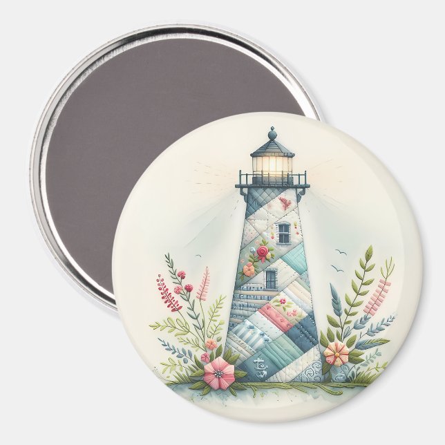 Patchwork Lighthouse Coastal Floral Scene Magnet (Front/Back)
