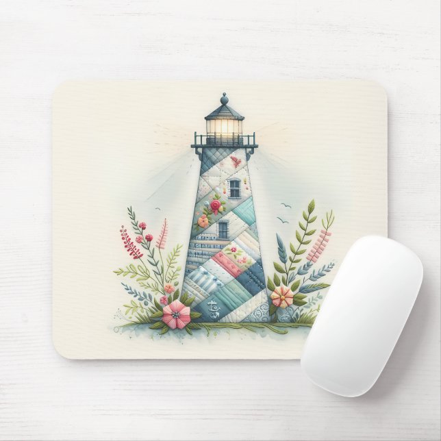 Patchwork Lighthouse Coastal Floral Scene Mouse Mat (With Mouse)