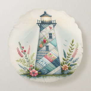 Patchwork Lighthouse Coastal Floral Scene Round Cushion