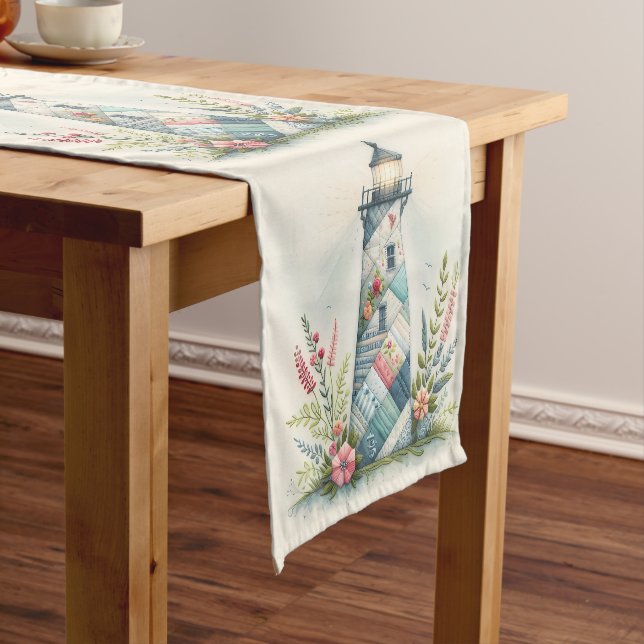 Patchwork Lighthouse Coastal Floral Scene Short Table Runner (In Situ)
