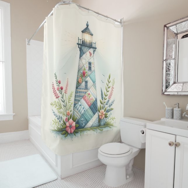 Patchwork Lighthouse Coastal Floral Scene Shower Curtain (In Situ)