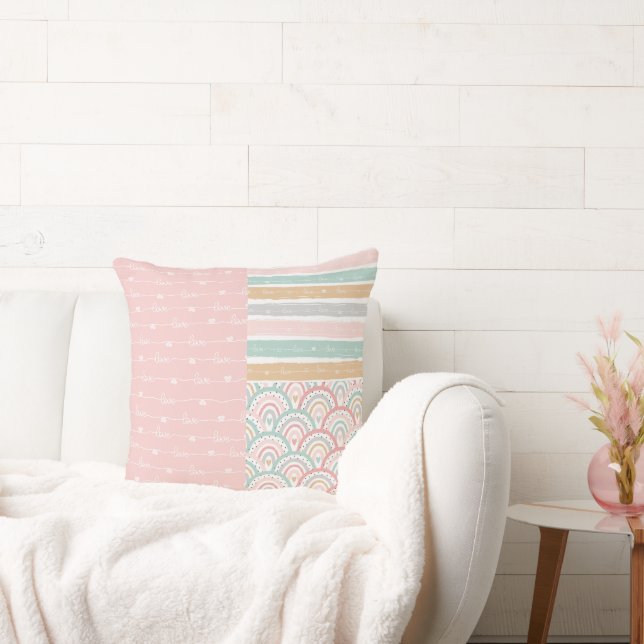 Patchwork Love Heart Rainbow Pastel Throw Pillow (Couch)