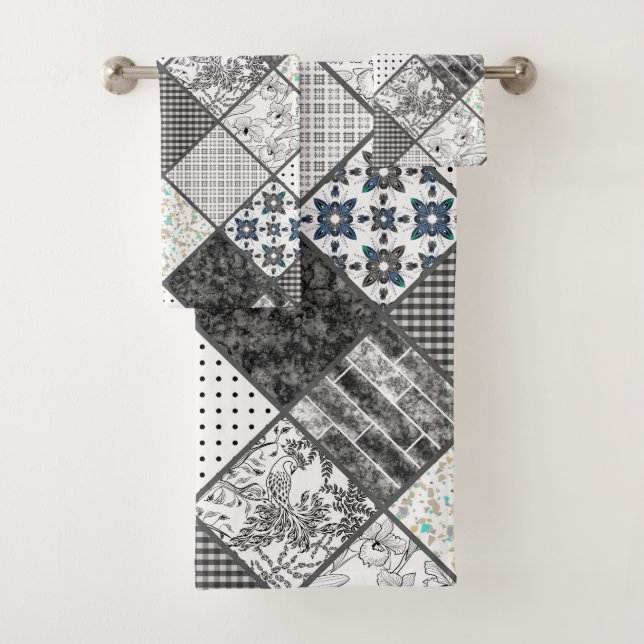 Patchwork monochrom black grey white patchwork qui bath towel set (Insitu)