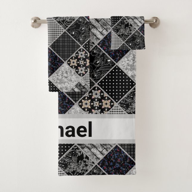 Patchwork monochrom black grey white patchwork qui bath towel set (Insitu)