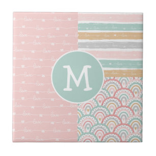 Patchwork & Monogram Hearts Rainbows  Ceramic Tile