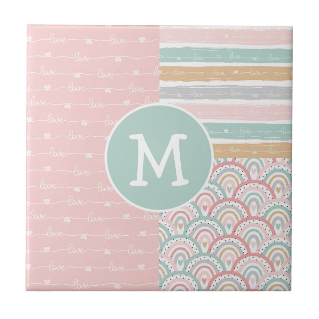 Patchwork & Monogram Hearts Rainbows  Ceramic Tile (Front)