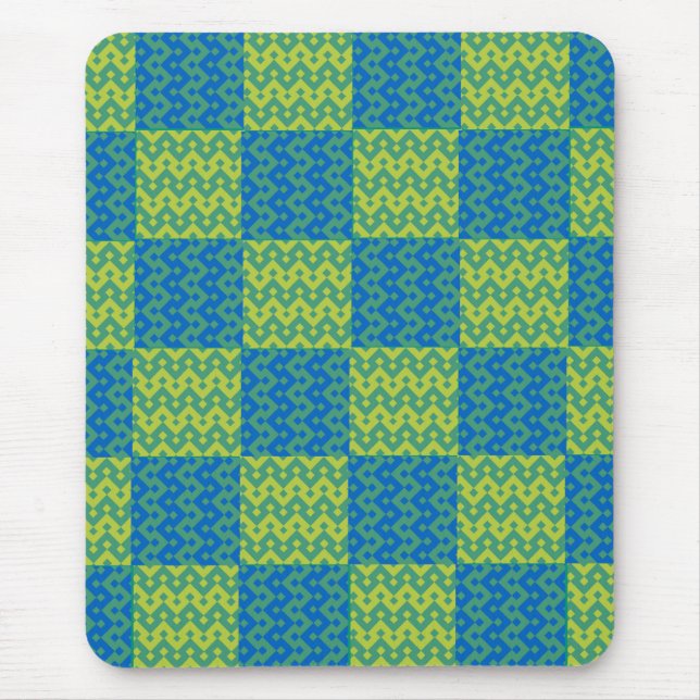 Patchwork Mousepad, Blue and Green Geometric Mouse Mat (Front)