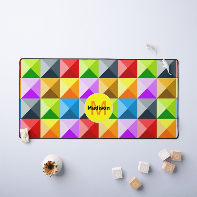 Patchwork neon Colourful geometric pattern Monogra Desk Mat (Kids Table)