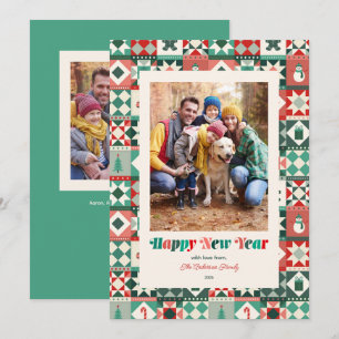 Patchwork New Year Red and Green Photo Holiday Card