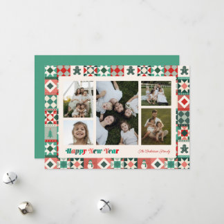 Patchwork New Year Red and Green Photo Holiday Card