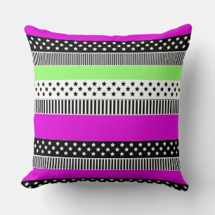 Patchwork of black and white and neon stripes cushion