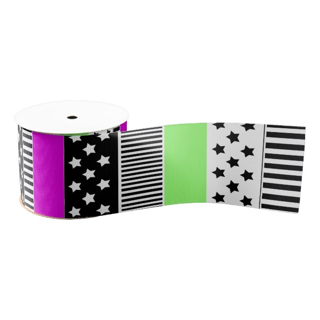 Patchwork of black and white and neon stripes  grosgrain ribbon (Spool)