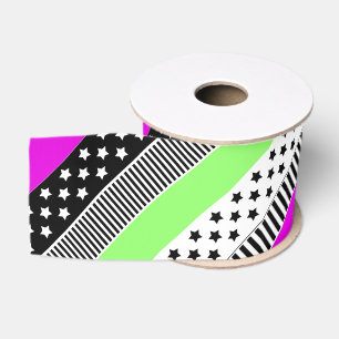 Patchwork of black and white and neon stripes  grosgrain ribbon