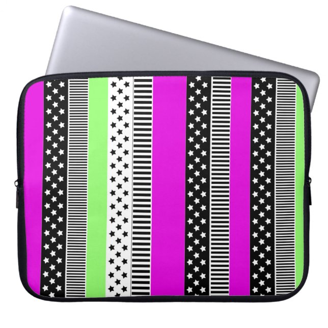 Patchwork of black and white and neon stripes  laptop sleeve (Front)