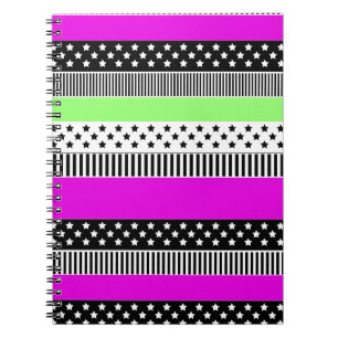 Patchwork of black and white and neon stripes notebook