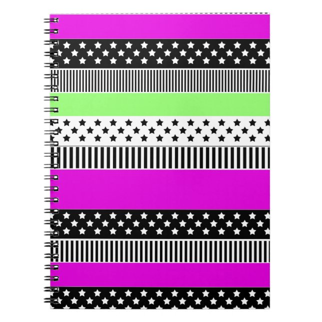 Patchwork of black and white and neon stripes  notebook (Front)