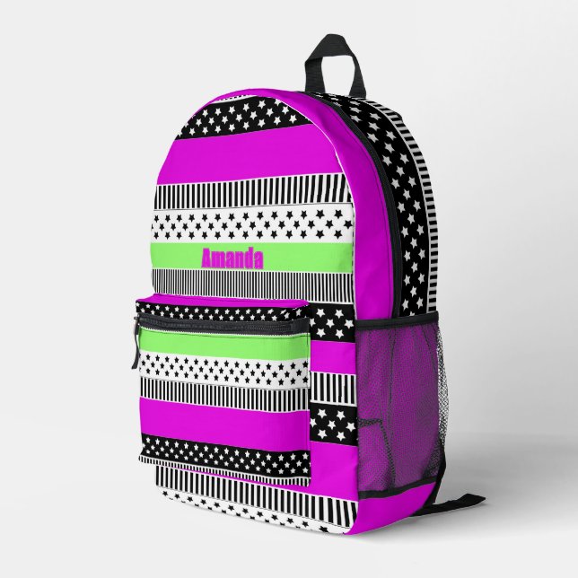 Patchwork of black and white and neon stripes  printed backpack (Back Corner Right)