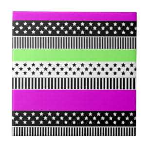 Patchwork of black and white and neon stripes tile