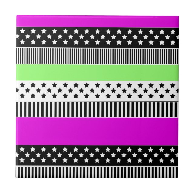 Patchwork of black and white and neon stripes  tile (Front)