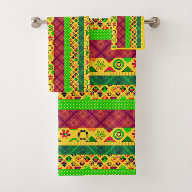 Patchwork ornamental lines peaces textile boho vin bath towel set (Insitu)