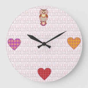 Patchwork owl hearts large clock