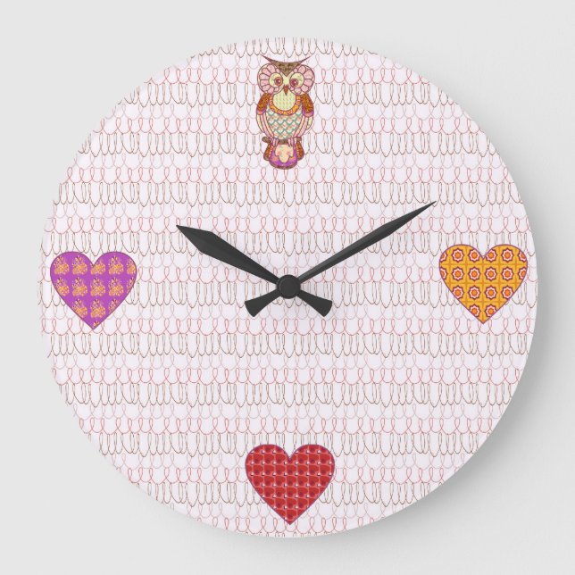 Patchwork owl hearts large clock (Front)