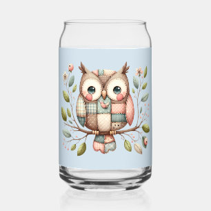 Patchwork Owl in Whimsical Woodland Can Glass
