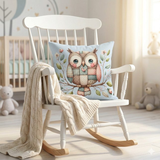 Patchwork Owl in Whimsical Woodland Cushion (Patchwork Owl in Whimsical Woodland Throw Pillow Mockup A)
