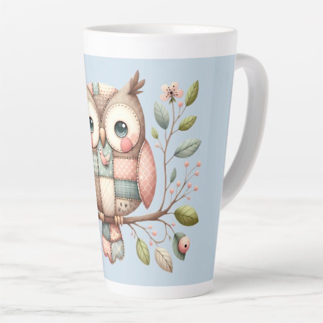 Patchwork Owl in Whimsical Woodland Latte Mug (Right Angle)