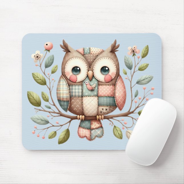 Patchwork Owl in Whimsical Woodland Mouse Mat (With Mouse)