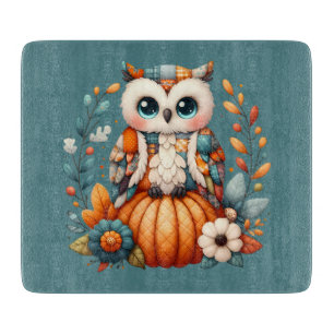Patchwork Owl on Pumpkin — Cottagecore Fall Cutting Board