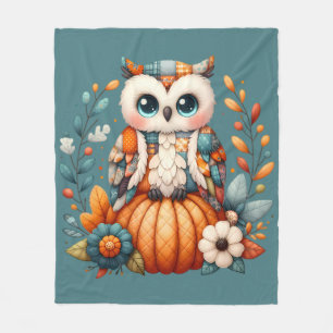 Patchwork Owl on Pumpkin — Cottagecore Fall Fleece Blanket