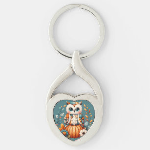 Patchwork Owl on Pumpkin — Cottagecore Fall Key Ring