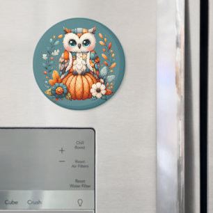 Patchwork Owl on Pumpkin — Cottagecore Fall Magnet