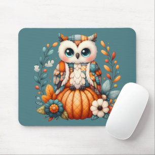 Patchwork Owl on Pumpkin — Cottagecore Fall Mouse Mat